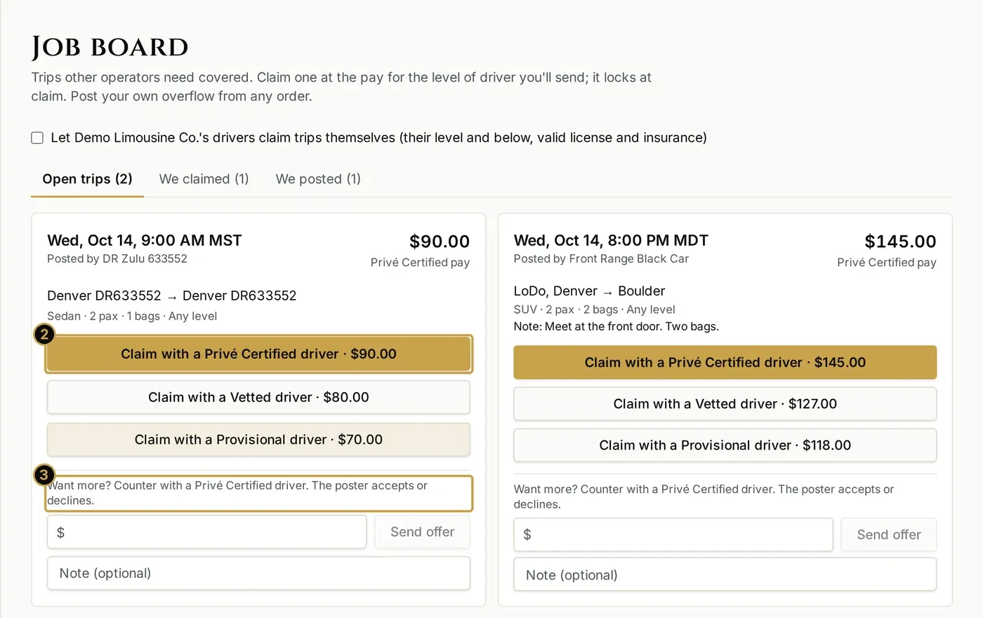 Privé job board listing network trips with pay shown