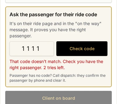 The chauffeur's app asks for the passenger's 4-digit ride code; Client on board stays locked until it matches