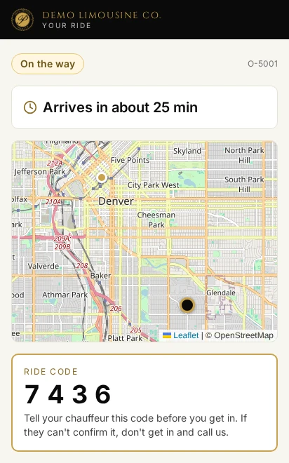 The passenger ride page: on the way, arrives in about 24 minutes, the car live on a map, and the 4-digit ride code