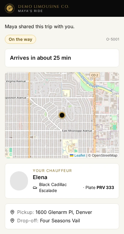 The watch page a passenger shares: Maya shared this trip with you, the car on a map, chauffeur and plate, pickup and drop-off